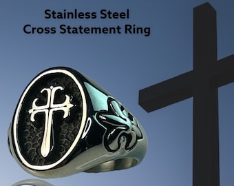 Ring for Men, Silver Ring for Men, Stainless Steel Men's Ring, Boyfriend Gift, Cross Signet Ring Cross Ring for Men RCIA Gift Christian Ring