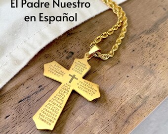Spanish Lords Prayer Cross Necklace Español El Padre Nuestro GOLD