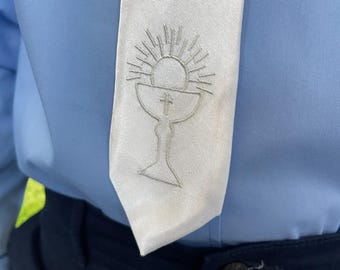 Boys Communion Tie - First Communion Tie - Embroidered Communion Tie - White First Communion Tie - Tie with Chalice - White Satin Tie
