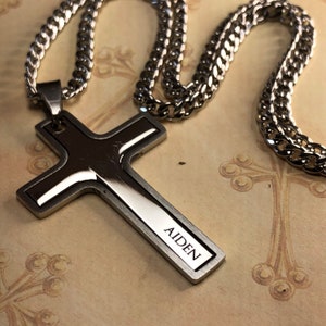 Boys First Communion 2-PC NAME Engraved Cutout Cross Necklace