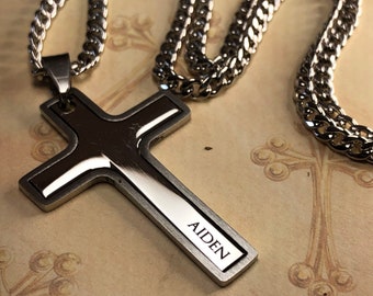 Boys First Communion 2-PC NAME Engraved Cutout Cross Necklace