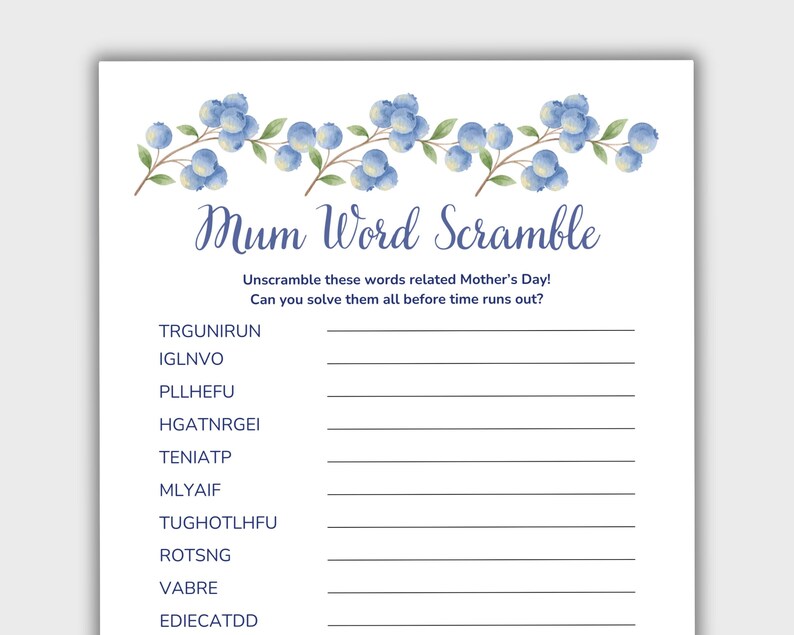 Word Scramble Game Printable With Answer Key for Mum, Mothers Day Party ...