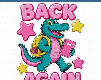 PNG de regreso a clases, PNG de maestro de primer día de clases, escuela retro, PNG de escuela de cocodrilo lindo, descarga de diseño de camiseta de maestro de jardín de infantes