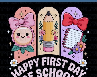 Feliz primer día de clases PNG, Escuela Coquette PNG, Lindo regreso a clases PNG, Diseño de camiseta para maestra y estudiante femenina,
