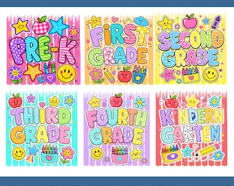 Paquete de imágenes PNG por nivel escolar, PNG de jardín de infantes a cuarto grado, paquete de imágenes PNG de regreso a clases, diseño de camisetas para estudiantes, paquete de imágenes PNG para grados escolares