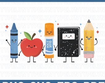 Lindos útiles escolares SVG, regreso a clases PNG Svg Eps Pdf, imágenes prediseñadas de personajes escolares, diseño para maestros y estudiantes, descarga digital para Cricut
