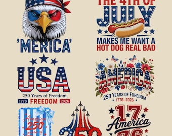 Paquete de 9 imágenes PNG patrióticas y divertidas de EE. UU. / 250 imágenes PNG de estilo retro americano / Diseños del 4 de julio / Descarga digital instantánea
