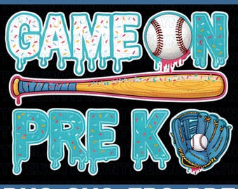 Paquete de archivos SVG "Game On Pre-K", archivos PNG, SVG, EPS y PDF de béisbol para preescolar, diseño de camiseta para el primer día de preescolar, descarga digital de béisbol para la vuelta al cole