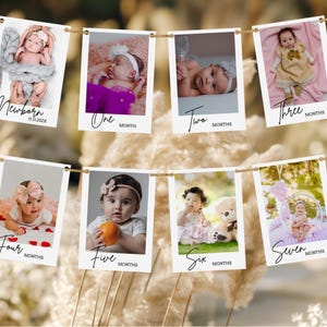 Bannière photo modifiable pour la première année | Cartes d'étape mensuelles pour le 1er anniversaire | Guirlande photo imprimable moderne | Modèle numérique personnalisé