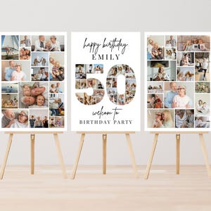 Letrero de bienvenida para 50 cumpleaños, conjunto de plantillas de collage de fotos, póster personalizado para regalar a una amiga, mamá o hermana, tablero de fotos editable.