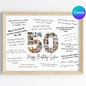May include: A framed 50th birthday photo collage with a light wood frame. The number "50" is filled with photos. Handwritten text includes birthday wishes and the words "Happy Birthday Sofia".