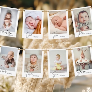 Panneau de jalon mensuel 1er anniversaire | Bannière photo personnalisée pour la première année de bébé | Cartes jalons modernes modifiables | Téléchargement numérique