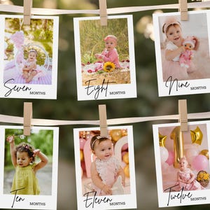 Bannière photo personnalisée pour la première année, cartes d'étape mensuelles modernes pour le 1er anniversaire, guirlande photo modifiable pour bébé, modèle numérique imprimable