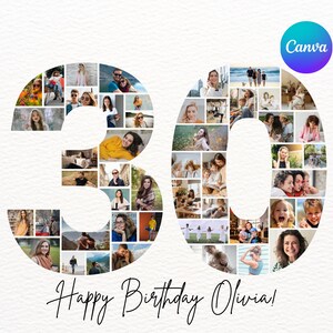 30th Birthday Present Ideas | Gift for Her | Editable Photo Collage Template | Number 30 Printable | Personalized Digital Download