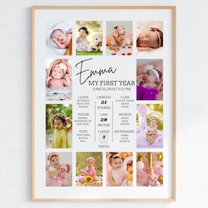 Tablero fotográfico para el primer año del bebé / Letrero moderno para el primer cumpleaños / Plantilla editable de Canva / Póster de cumpleaños imprimible / Descarga digital