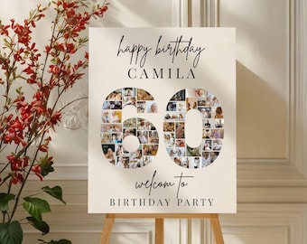 Personalized 60th Birthday Photo Collage Welcome Sign: Printable Canva Template (Digital Download)