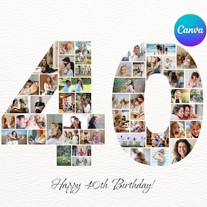 Plantilla de collage de fotos para regalo de 40 cumpleaños / Collage editable del número 40 / Regalo de cumpleaños personalizado / Póster personalizado de Canva / Descarga digital
