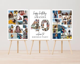 Könnte beinhalten: Drei weiße Fotodisplay-Tafeln auf Holzstaffeleien. Die Tafeln zeigen Fotocollagen, wobei eine Tafel den Text "Happy Birthday AMANDA 40 welcome to BIRTHDAY PARTY" anzeigt. Die Fotos zeigen Menschen in verschiedenen Umgebungen.