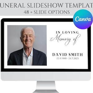 Könnte beinhalten: Ein Computerbildschirm zeigt eine Vorlage für eine Trauer-Diashow. Die Vorlage enthält ein Foto eines lächelnden älteren Mannes, den Text "In Loving Memory of David Smith" sowie sein Geburts- und Sterbedatum. Das Canva-Logo ist sichtbar.