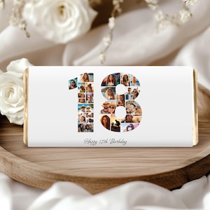 Könnte beinhalten: Weiße Schokoladentafel mit einer Fotocollage von Personen, die die Zahl 18 bilden. Der Text "Happy 18th Birthday" ist unter der Zahl gedruckt.