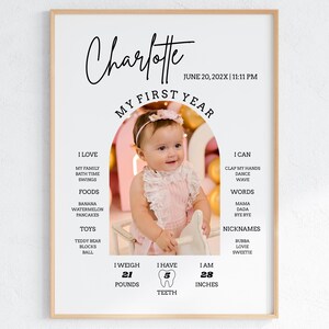 Tablero de fotos minimalista para el primer año / Póster moderno para el primer cumpleaños / Collage de fotos de bebé editable / Plantilla imprimible de Canva