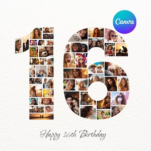 Collage de fotos de regalo para 16.º cumpleaños / Regalo fotográfico personalizable para 16.º cumpleaños / Póster editable del número 16 / Descarga digital imprimible / Canva