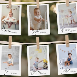 Faixa de comemoração mensal de 1º aniversário | Guirlanda personalizada de fotos do primeiro ano do bebê | Cartões de comemoração modernos editáveis | Download digital