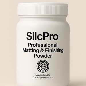 Puede incluir: Un bote de pl&aacute;stico blanco de SilcPro Professional Matting & Finishing Powder. El nombre del producto y la descripci&oacute;n est&aacute;n impresos en negro. Tambi&eacute;n se ve un logotipo circular y el texto "Manufactured for Doll Supply Distribution".