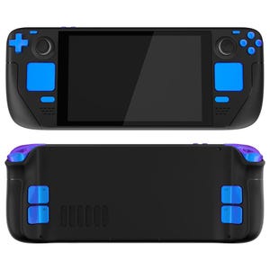May include: A black handheld gaming console with a blue screen, blue buttons, and purple accents. The console has a directional pad, face buttons, and a joystick.