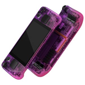 May include: A transparent purple and pink handheld gaming console with a black screen and buttons. The console is designed to look like a circuit board.