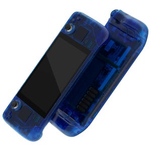May include: A transparent blue handheld gaming console with a black screen and buttons. The console is open, revealing the internal components.