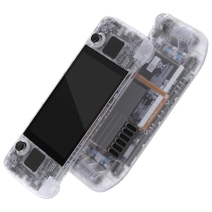 Può includere: Una console per videogiochi portatile trasparente con uno schermo nero e componenti interni visibili. La console ha due pulsanti sul davanti e un pulsante circolare sulla parte superiore.