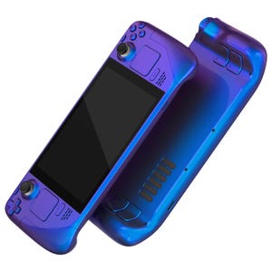 Può includere: Una console per videogiochi portatile di colore viola e blu con uno schermo, pulsanti e un joystick. La console è progettata per assomigliare a un dispositivo di gioco retrò.