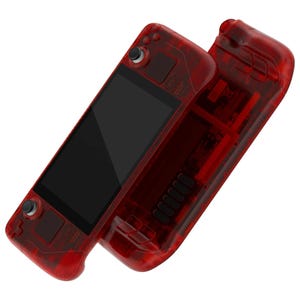 May include: Two red transparent handheld gaming consoles. The consoles have a black screen, buttons, and joysticks. The red casing has a marbled effect, and the internal components are visible through the transparent material.