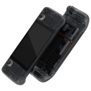 May include: A black handheld gaming device with a transparent casing, revealing the internal components. The device has a screen, buttons, and a joystick.