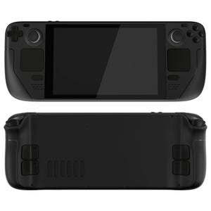 May include: A black handheld gaming console with a large screen, two analogue sticks, and a variety of buttons. The console has a textured surface and a sleek design.