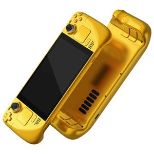 May include: A gold handheld gaming console with a black screen and multiple buttons. The console is designed to look like a retro gaming device.
