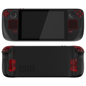 May include: A black handheld gaming console with red buttons and a screen. The console has a textured black back with a speaker grill and red buttons.
