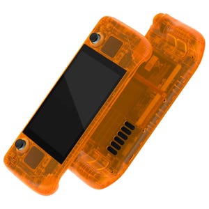 May include: A transparent orange handheld gaming console with a black screen and buttons. The console is made of a clear plastic material, allowing the internal components to be visible.
