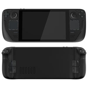 May include: A black handheld gaming console with a large screen, buttons, and a joystick on each side. The console is shown from the front and back.
