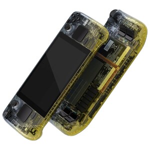 Könnte beinhalten: Eine transparente gelbe Handheld-Gaming-Konsole mit sichtbaren internen Komponenten. Die Konsole hat einen schwarzen Bildschirm, einen runden Knopf auf der linken Seite und ein Steuerkreuz auf der rechten Seite.