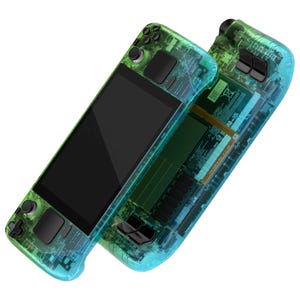 May include: A transparent green and blue handheld gaming console with a black screen and buttons. The console is open, revealing the internal circuitry.