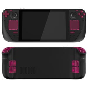 May include: A black handheld gaming console with a pink screen and pink buttons. The console has a textured black surface and a speaker on the back.