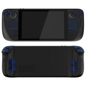 May include: A black handheld gaming console with a blue trim and buttons. The console has a large screen and a variety of buttons on the front and back.