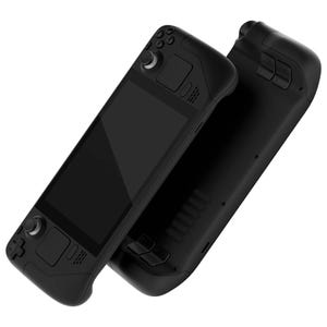 May include: A black handheld gaming console with a large screen and multiple buttons. The console has a textured grip and a sleek design.
