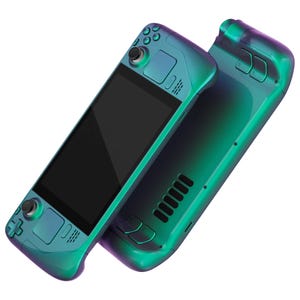 May include: A teal and purple handheld gaming console with a screen and buttons. The console is shown in two different positions, one with the screen facing forward and the other with the back of the console facing forward.