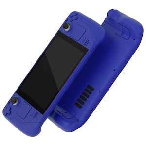 May include: A blue handheld gaming console with a screen, buttons, and a joystick. The console is shown in two different positions.