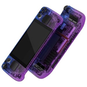 May include: A transparent purple and blue handheld gaming console with a black screen and buttons. The console is designed to look like the internal circuitry is visible.
