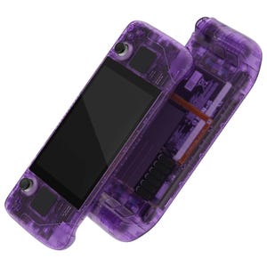 May include: A purple transparent handheld gaming console with a black screen and buttons. The console is open, revealing the internal components.