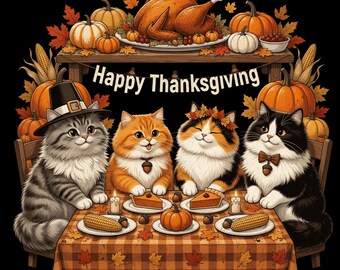 Thanksgiving Cats Dinner Feast Vintage Fall PNG (Digital Download)
